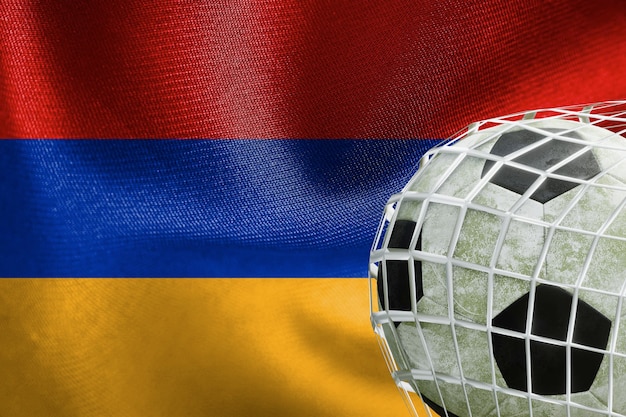 UEFA EURO 2024 Futebol Armênia Bandeira nacional com uma bola de futebol na rede Trabalho 3D e imagem 3D Yerevan Armênia 2023 03 de abril