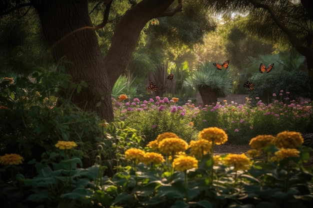 Üppige Gartenpflanzen, in denen Schmetterlinge wachsen und generative IA tanzen