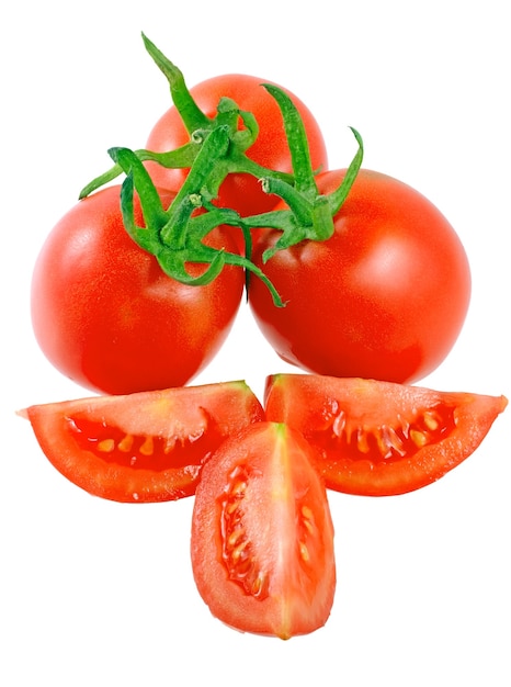 Üppige Tomaten schneiden. Getrennt über Weiß.