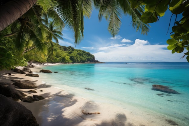 Üppige tropische Strandszene mit Palmen und warmem blauem Wasser, erstellt mit generativer KI