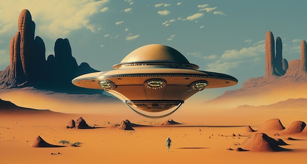 Foto ufo-alien-raumschiff fliegt auf dem mars im retro-stil