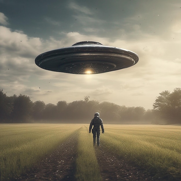 UFO, eine außerirdische Platte, die über dem Feld schwebt und regungslos in der Luft schwebt