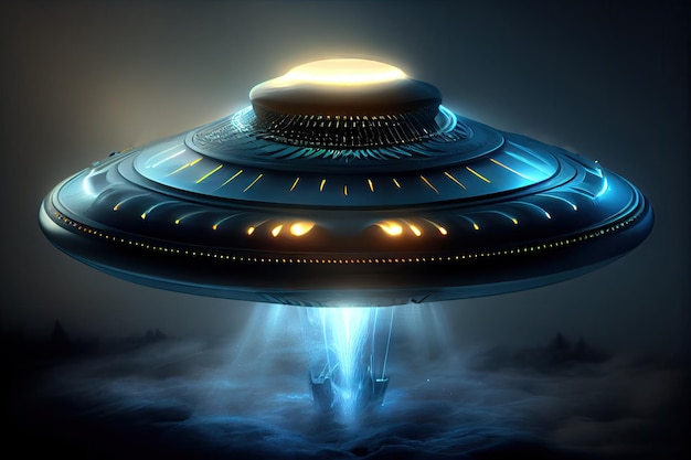 UFO mit Beam Alien-Raumschiff im Nachthimmel Futuristischer Mystery-Transport Abstrakte generative KI-Illustration