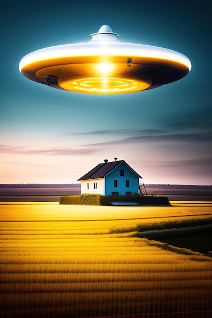 UFO schwebt über einem Bauernhaus. Beamen Sie mich hoch. Entführung durch Außerirdische
