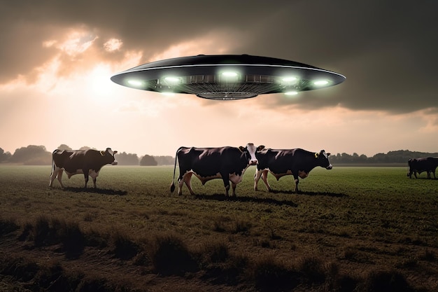 UFO über einem Feld, auf dem Kühe grasen. Landschaft mit Kühen und UFO