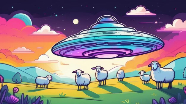 Ufo über einem Feld mit weißen Schafen in der Dämmerung Zeichentrickfilm Illustration