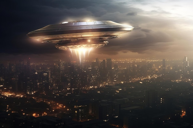 UFO über einer Stadt fliegt