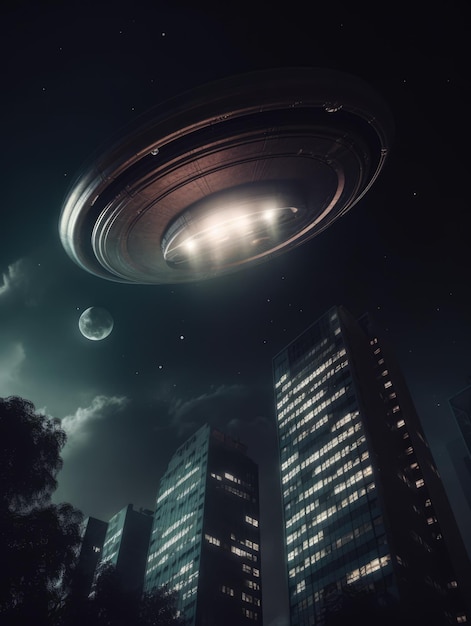 UFO überquert den Nachthimmel über der Stadt. KI-generativ