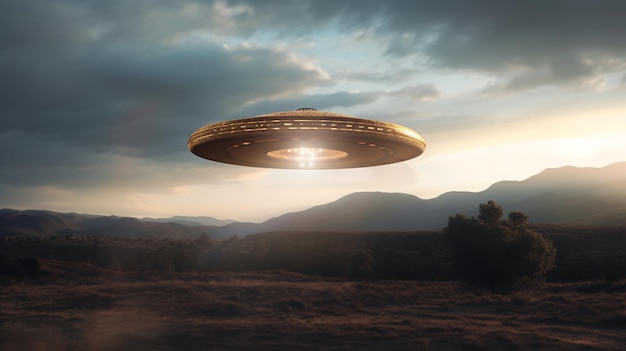 ufo voando sobre a cidade um objeto em forma de OVNI pairando sobre uma paisagem serena AIGenerated