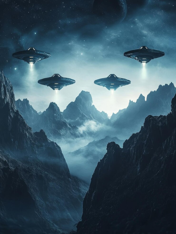 ufo volando sobre una montaña con el sol detrás de ellos