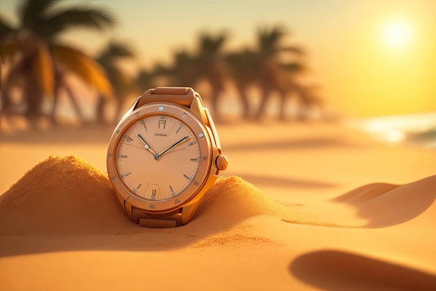 Uhr auf einem Sandstrand, Sand, natürlicher Hintergrund, ai generativ