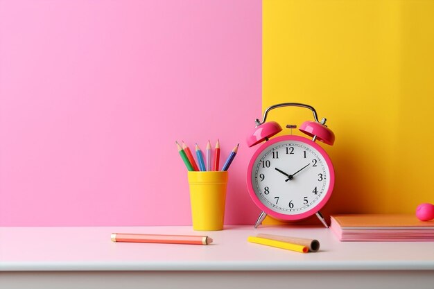 Uhr Bürokonzept Bleistift Papier Bildung Hintergrund farbenfroher Stift Uhr Tisch Alarm Schule Zeit Schreibwaren Buch Alarm Raum Frist Studium Geschäft