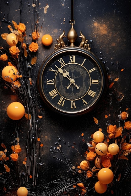 Uhr, die Mitternacht schlägt, mit Neujahrsdekorationen, die mit generativer AI erstellt wurden