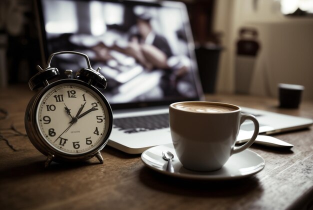 Uhr mit einer Tasse Kaffee und einem Laptop auf dem Tisch Geschäftskonzept generative ai