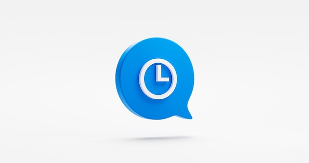 Uhrzeitalarm 3D-Symbol isoliert auf weißem Hintergrund mit blauer Nachrichtensprechblase Stunden-Stoppuhr-Symbolkonzept oder Countdown-Timer-Uhr im Uhrzeigersinn Zifferblattzeichen und einfachem flachem Minuten-Deadline-Objekt