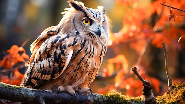 Uhu thront auf einem Ast und starrt auf den herbstlichen Wald