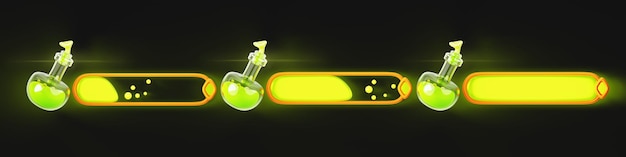 Ui cargando barras de progreso de juego 3d set de renderización elementos de diseño de interfaz de dibujos animados mágicos Escalas de estado y recursos de poder con botellas de poción y líquido tóxico verde en marcos metálicos