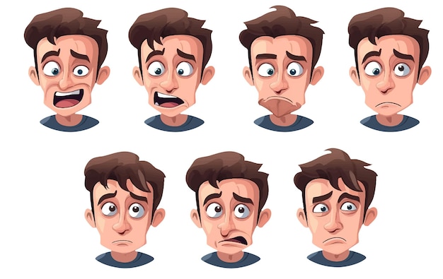 Ui establece la ilustración vectorial de un conjunto de expresiones faciales masculinas emociones infelices aisladas en blanco