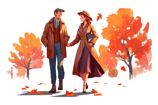 Foto ui establece ilustración vectorial de pareja enamorada caminando en el parque de otoño aislado sobre fondo blanco