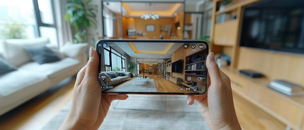 UI para tecnologia de casa inteligente na tela do aplicativo de smartphone com realidade aumentada Visão AR de objetos conectados dentro do aparelho de suporte de pessoa do apartamento