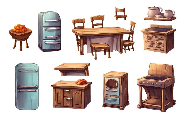 Ui-Set-Illustration von Innenmöbeln und Haushaltsgeräten in der Wohnküche, isoliert auf Weiß