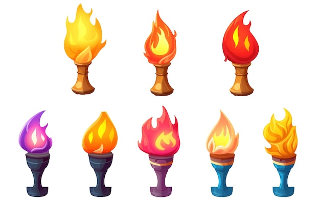 Ui-Set-Vektorillustration von Fackeln mit brennendem Feuer isoliert auf weißem Hintergrund