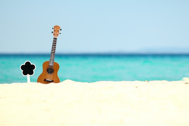 Ukelele en la arena junto al mar en verano cerca de la playa