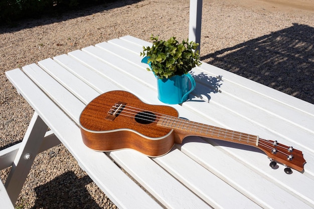 Ukelele sobre mesa de madera blanca