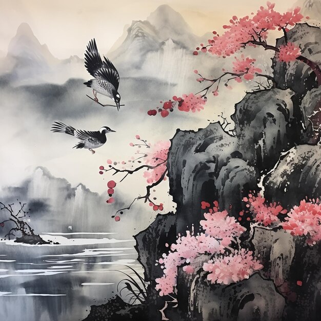 Foto ukiyo e tinta de dragón y flores de acuarela el gran artista de las olas