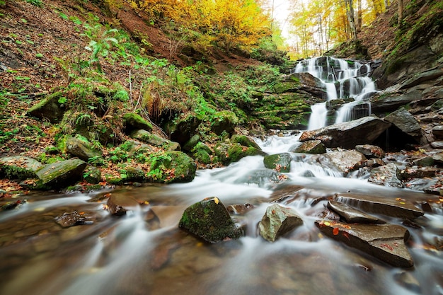 Ukpaine Wasserfall zwischen den bemoosten Felsen Wunderschöne Landschaft Stromschnellen an einem Gebirgsfluss im Herbstwald in den Karpaten bei Sonnenuntergang Silver Stream im Nationalpark Shypit Carpat Pilipets