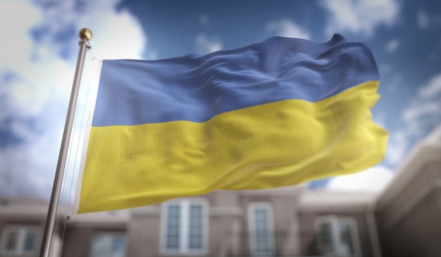 Ukraine Flagge 3D Rendering auf blauem Himmel Gebäude Hintergrund