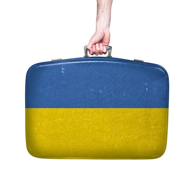 Ukraine-Flagge auf einem Vintage-Lederkoffer