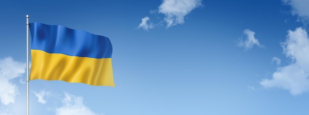 Ukraine-Flagge dreidimensionale Darstellung isoliert auf blauem Himmel Horizontale Banner 3D-Darstellung