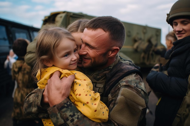 Ukrainer Soldat umarmt seine Frau und Kinder bei seiner Heimkehr