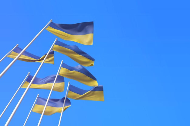 Ukrainische Fahnen wehen im Wind gegen einen blauen Himmel d-Rendering