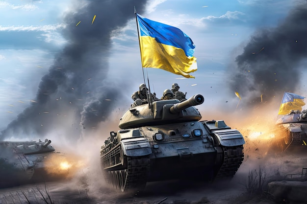 Ukrainische Soldaten im Krieg. Panzer unter ukrainischer Flagge greifen an