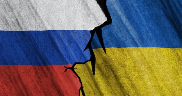 Ukrainische und russische Flaggen Ukraine-Krise und -KonfliktWählen Sie, sich auf das Thema Flaggen Internationale Situation zu konzentrieren, das Aktienmärkte, Kryptowährung und Gold stark beeinflusst