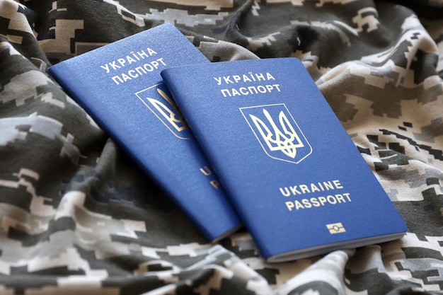 Ukrainischer Auslandspass auf Stoff mit Textur aus militärisch gepixeltem Tarnstoff mit Tarnmuster in graubraunen und grünen Pixelformen und ukrainischem Ausweis