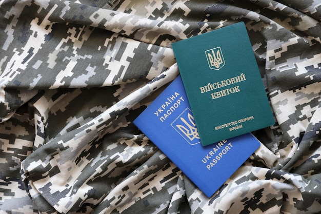 Ukrainischer Militärausweis und ausländischer Pass auf Stoff mit Textur aus pixeliger Tarnung Stoff mit Tarnmuster in graubraunen und grünen Pixelformen mit persönlichem Token und Pass der ukrainischen Armee