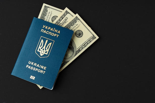 Ukrainischer Pass mit US-Dollar-Banknoten