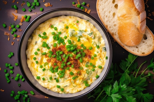 Ukrainisches Frühstück mit Rührei, Schweineschmalzbrot und Frühlingszwiebeln