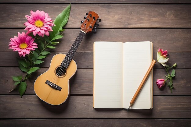 Foto ukulele y cuaderno en blanco con flor para el concepto de música de amor