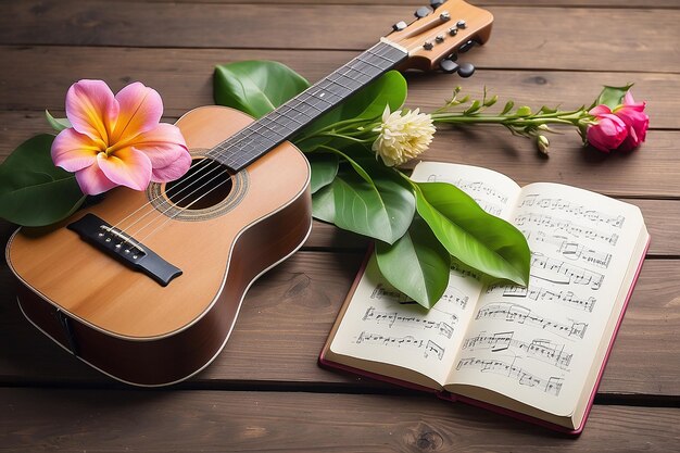 Ukulele e caderno em branco com flor para o conceito de música de amor