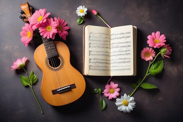 Ukulele e caderno em branco com flor para o conceito de música de amor