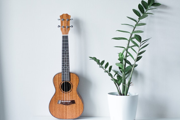 Ukulele mit einer Blume in einem Topf.