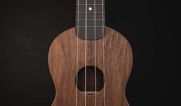 Foto ukulele de primer plano con desenfoque en la vista frontal en 3d