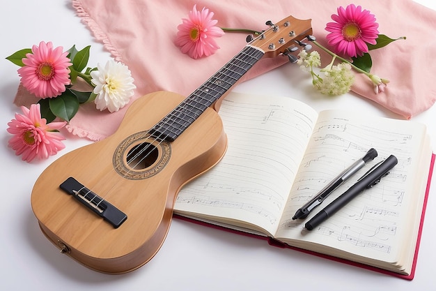 Ukulele und leeres Notizbuch mit Blume für das Musikkonzept der Liebe