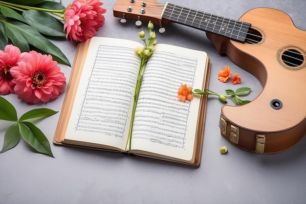 Ukulele und leeres Notizbuch mit Blume für das Musikkonzept der Liebe