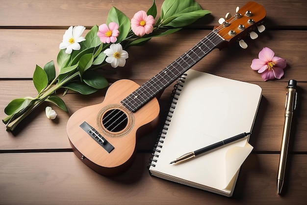 Ukulele und leeres Notizbuch mit Blume für das Musikkonzept der Liebe