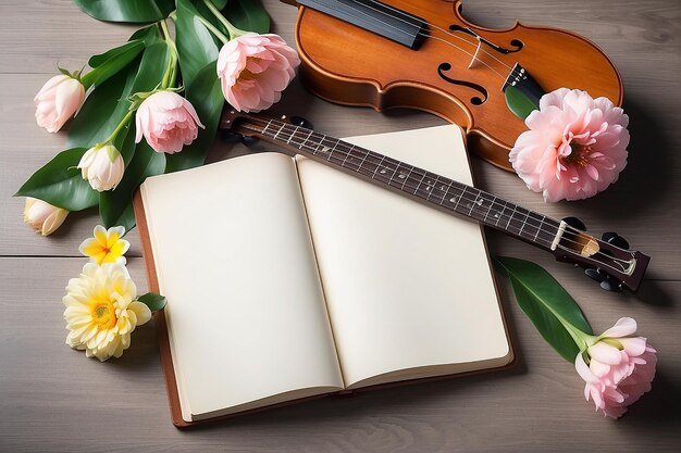 Ukulele und leeres Notizbuch mit Blume für das Musikkonzept der Liebe